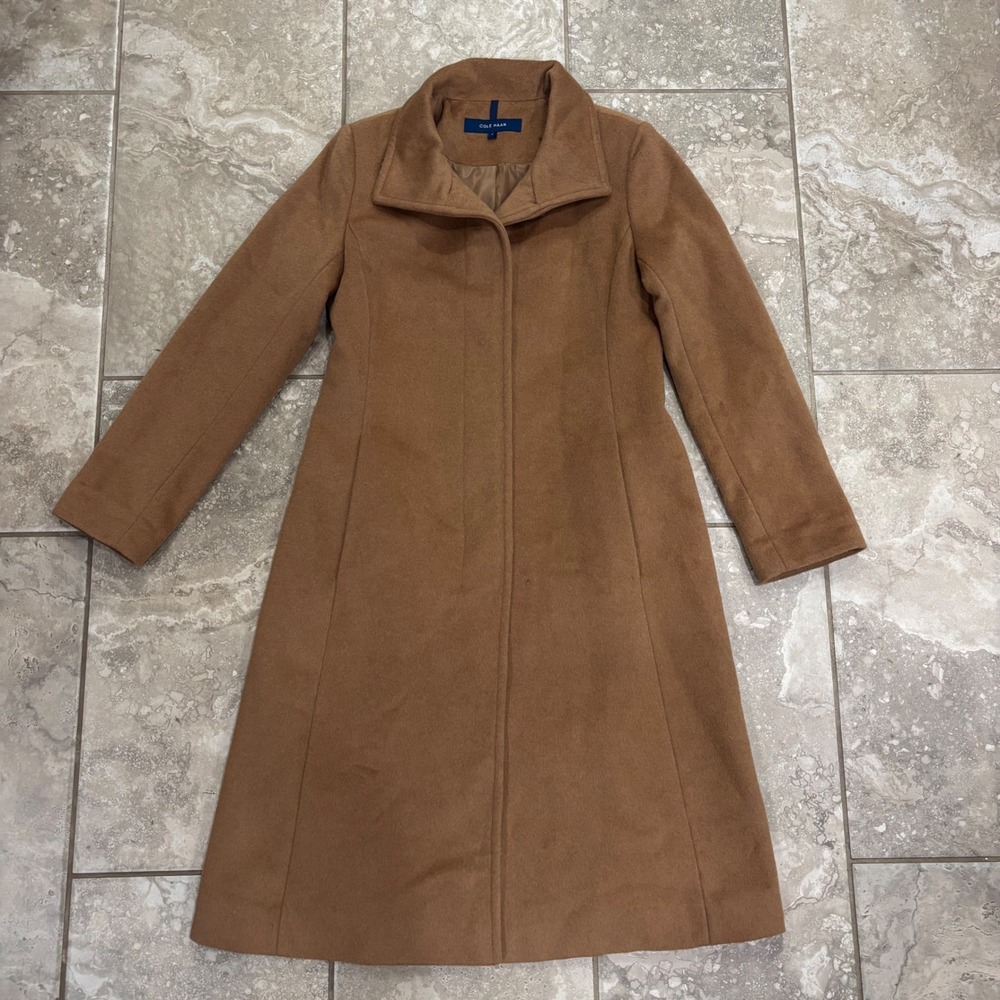 Cole Haan Womens Camel Wool Blend Hidden Button Mid Length Coat 6 353MW551